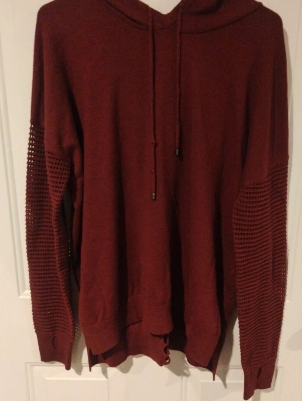Stitches + Stripes Burgundy Antara Open Knit Sleeve Hooded Pullover Sweater - L